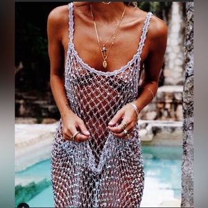 Rat & Boa Zinnia Dress RARE Open Crochet Knit with All-Over Sea Green Sparkles